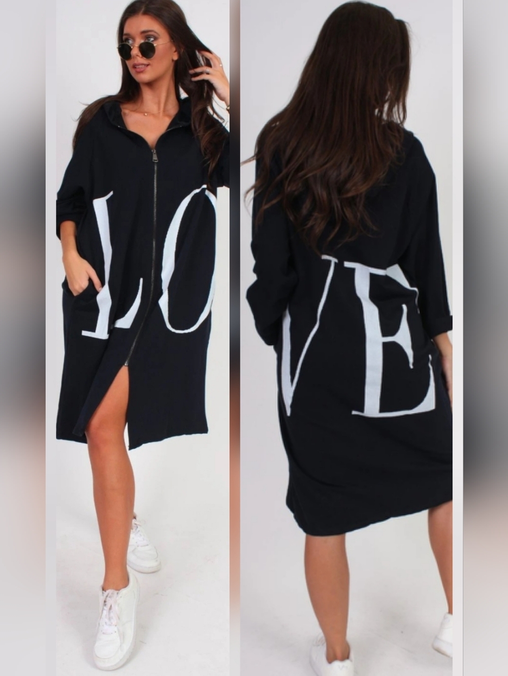 Paolo Tricot Black Cotton LOVE Print Hooded Zip Dress Coat Lagenlook Oversized